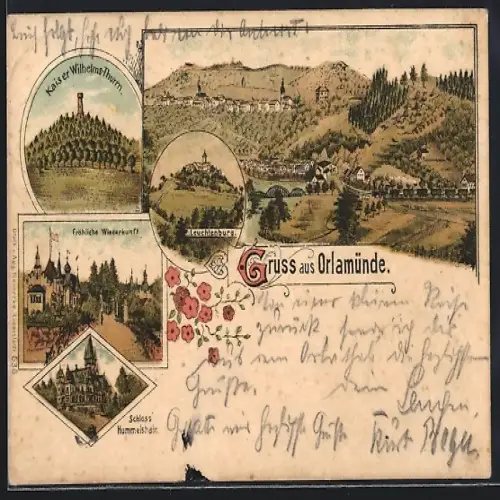 Lithographie Orlamünde, Gasthof Fröhliche Wiederkunft, Schloss Hummelshain, Leuchtenburg
