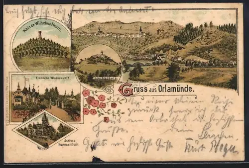 Lithographie Orlamünde, Gasthof Fröhliche Wiederkunft, Schloss Hummelshain, Leuchtenburg