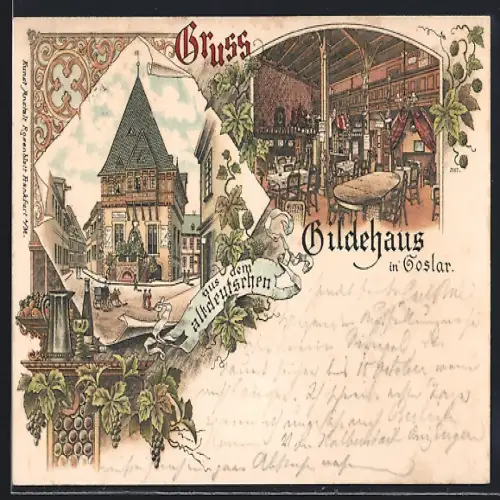 Lithographie Goslar, im Gildenhaus, Strassenszene in der Stadt