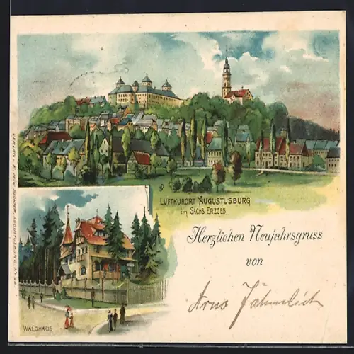 Lithographie Augustusburg im Sächs. Erzgeb., Hotel Waldhaus, Teilansicht mit Schloss, Neujahrsgruss