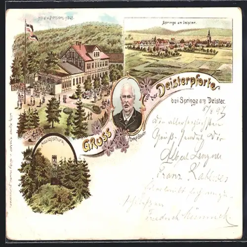 Lithographie Springe am Deister, Aussichtsturm, Portrait Onkel Bauer, Hotel Deisterpforte