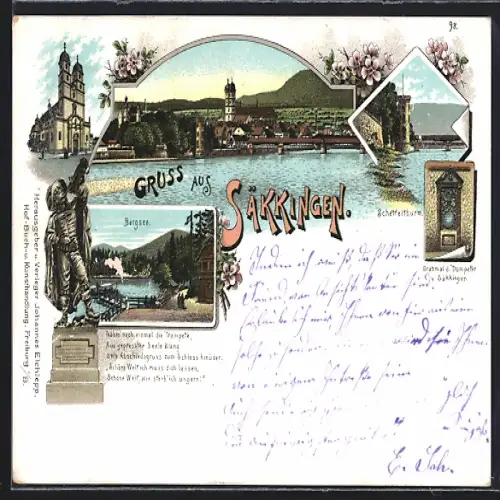 Lithographie Säkkingen, Bergsee, Scheffelthurm, Grabmal d. Trompeter v. Säkkingen, Totalansicht