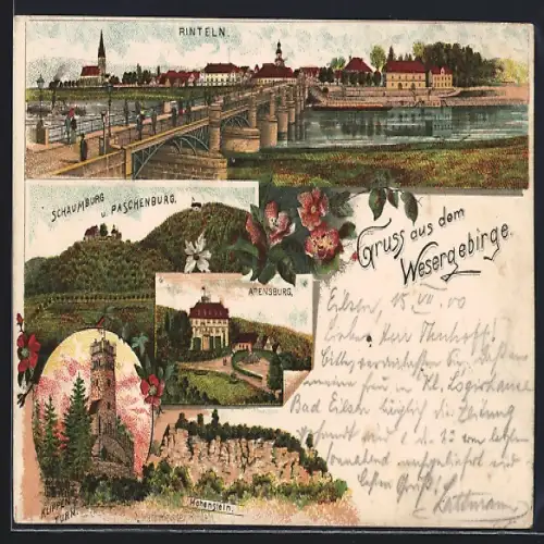 Lithographie Rinteln, Ortsansicht, Schaumburg u. Paschenburg, Klippenturm, Arensburg, Hohenstein