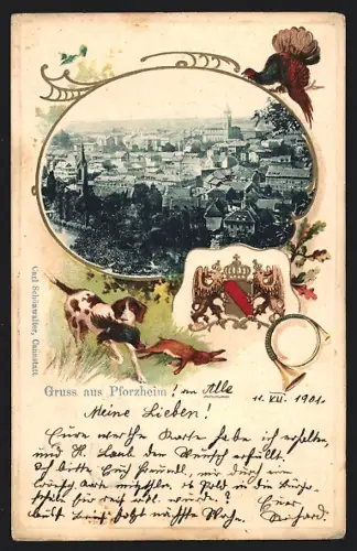 Passepartout-Lithographie Pforzheim, Blick über die Stadt, Auerhahn, Wappen, Jagdhorn, Jagdhund mit Fasan um 1900