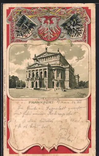 Passepartout-Lithographie Frankfurt a. Main, Opernhaus, Wappen