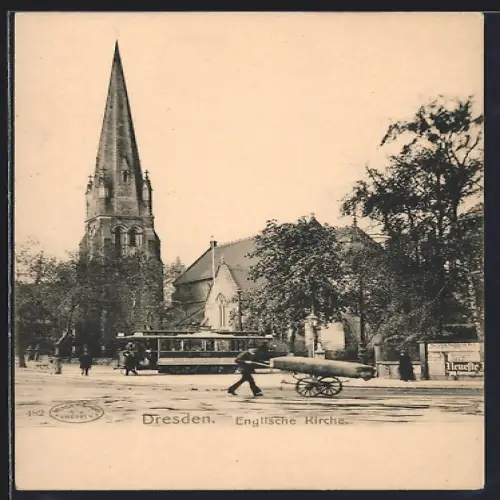 AK Dresden, Englische Kirche und Strassenbahn