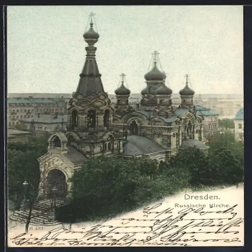 AK Dresden, Russische Kirche aus der Vogelschau