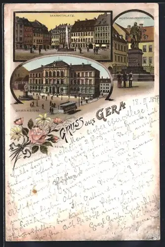 Lithographie Gera, Marktplatz, Gymnasium, Posthumsdenkmal
