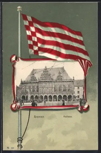 Lithographie Bremen, Rathaus, Fahne, Passepartout