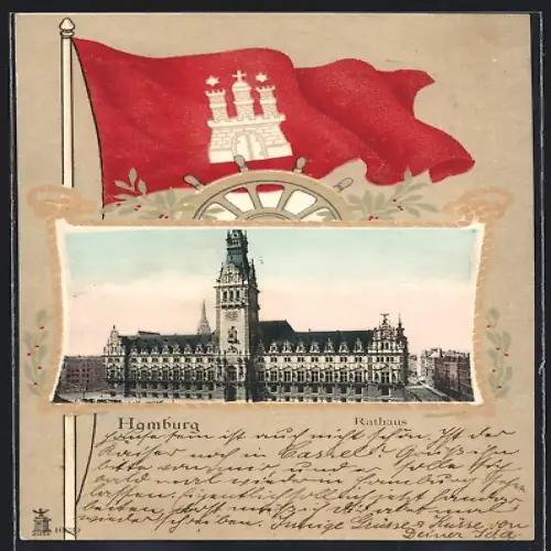 AK Hamburg, Rathaus mit Hamburger Flagge