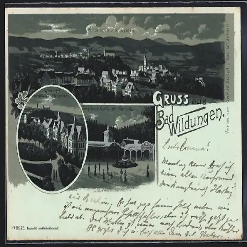 Mondschein-Lithographie Bad Wildungen, Teilansicht von Westen, Strassenpartie mit Schloss Friedrichstein