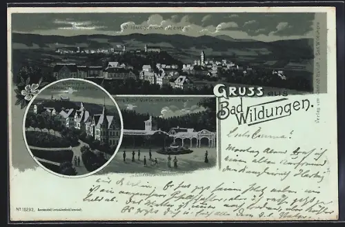 Mondschein-Lithographie Bad Wildungen, Teilansicht von Westen, Strassenpartie mit Schloss Friedrichstein