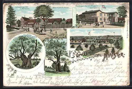 Lithographie Munster, Truppenübungsplatz, Gasthaus Lüneburger Hof H. Kreuse, Eva Eiche, Baracken