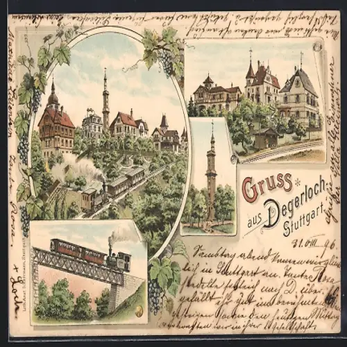 Lithographie Stuttgart-Degerloch, Ortsansicht, Zahnradbahn