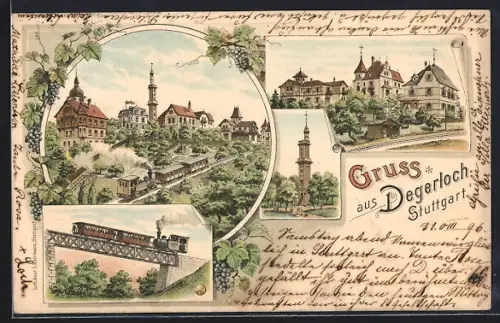 Lithographie Stuttgart-Degerloch, Ortsansicht, Zahnradbahn