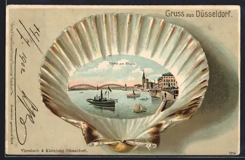 Passepartout-Lithographie Düsseldorf, Partie am Rhein in einer Muschel