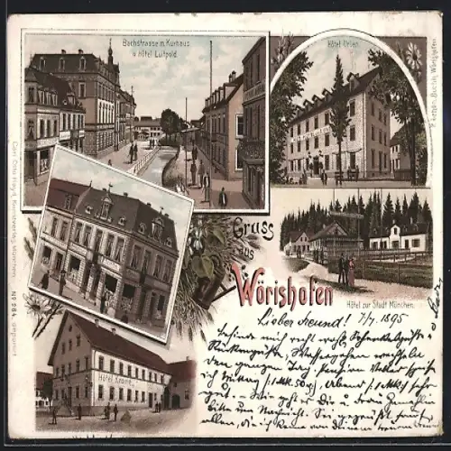 Vorläufer-Lithographie Wörishofen, 1895, Hotel Urban, Hotel zur Stadt München, Hotel Krone