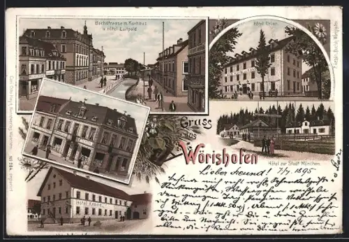 Vorläufer-Lithographie Wörishofen, 1895, Hotel Urban, Hotel zur Stadt München, Hotel Krone