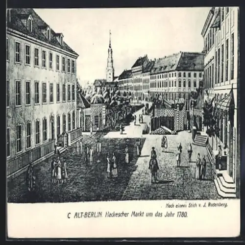 Künstler-AK Berlin, Hackescher Markt mit Sophien-Kirche und Blick zur Oranienburgerstrasse um 1780