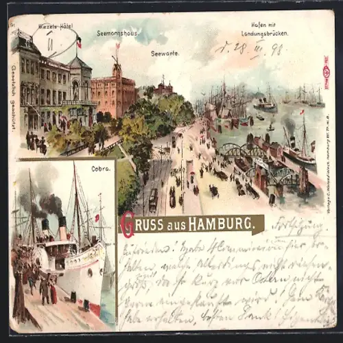 Lithographie Hamburg-St. Pauli, Cobra, Wiezels Hotel, Seemannshof, Seewarte, Hafen mit Landungsbrücke