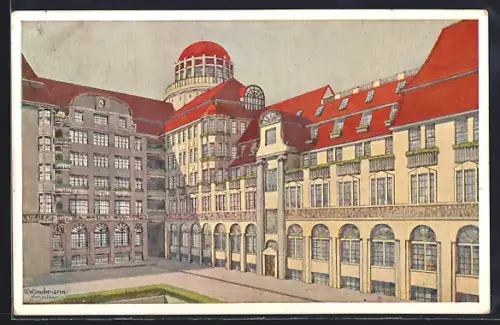 Künstler-AK Leipzig, Verband Deutscher Handlungsgehilfen, Teilansicht vom Mittelbau