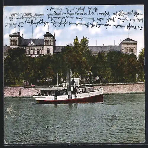 AK Friedrichsort, Kaserne und Anlegestelle der Hafen-Rundfahrt AG mit Marineschule