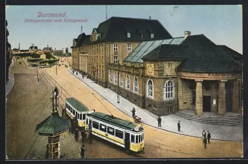AK Dortmund, Bahnhof, Bahnpostamt und Königswall, Strassenbahn