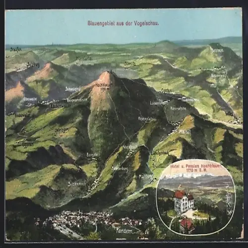 Künstler-AK Kandern, Blauengebiet aus der Vogelschau mit Hexenplatz, Sirnitz und Münstertal, Ortspartie