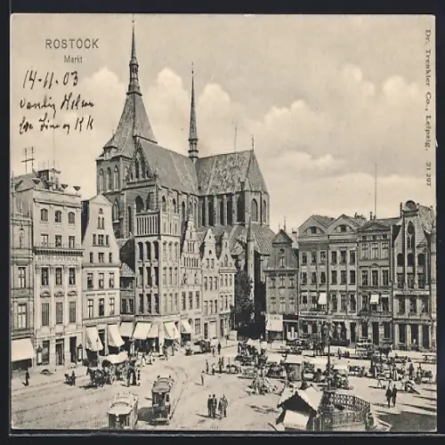 AK Rostock, Markt mit Kirche und Rats-Apotheke