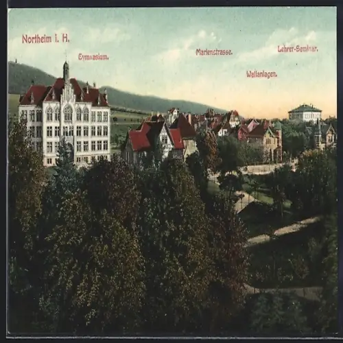 AK Northeim i. H., Gymnasium mit Marienstrasse, Wallanlagen und Lehrer-Seminar