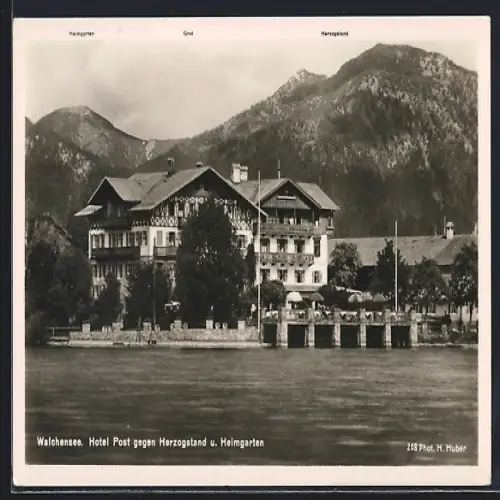 AK Walchensee, Hotel Post gegen Herzogstand und Heimgarten