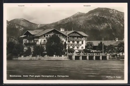 AK Walchensee, Hotel Post gegen Herzogstand und Heimgarten