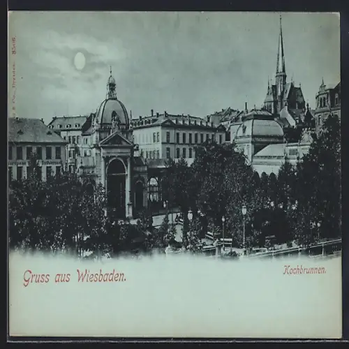 Mondschein-AK Wiesbaden, Kochbrunnen