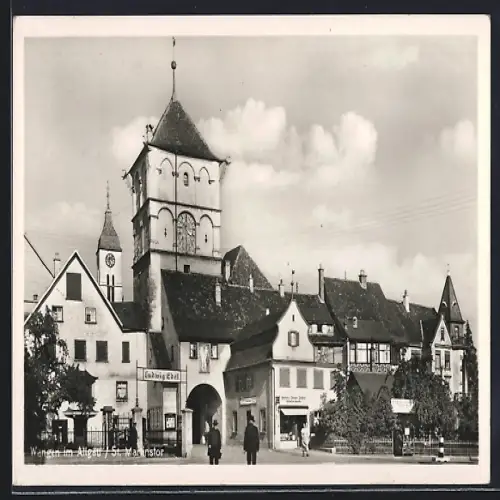 AK Wangen im Allgäu, St. Martinstor mit Gasthaus Ludwig Edel