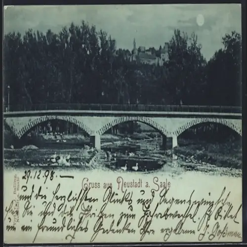 Mondschein-AK Neustadt a. Saale, Uferpartie mit Brücke