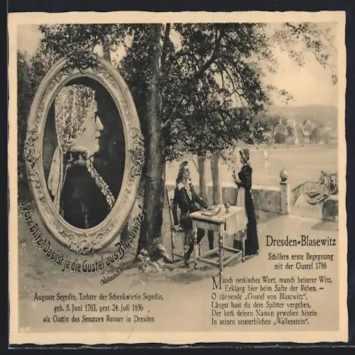 AK Dresden-Blasewitz, Grossgaststätte Schiller-Garten, Schiller und die Schenkwirtin Gustel Segedin 1786