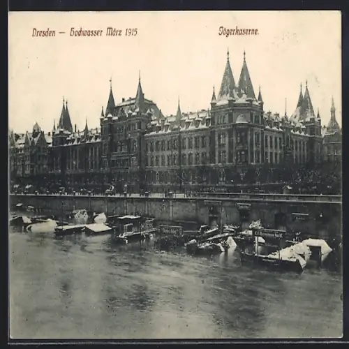 AK Dresden, Hochwasser im März 1915 neben der Jägerkaserne