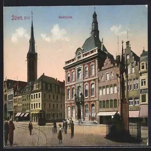 AK Düren, Strassenbahn am Marktplatz