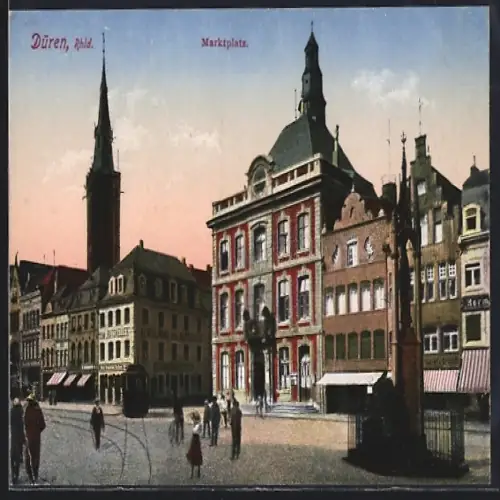 AK Düren, Strassenbahn am Marktplatz