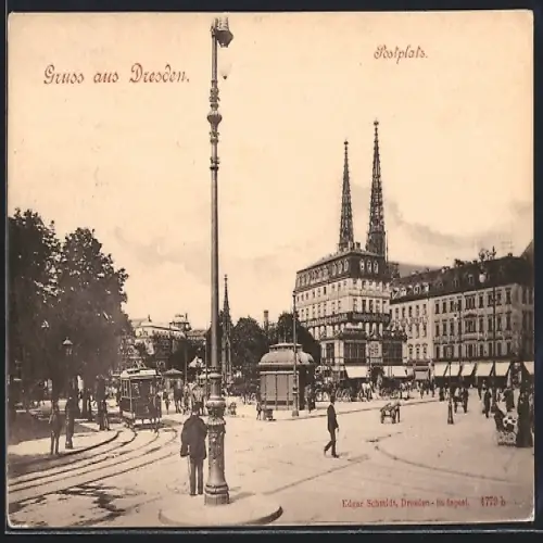 AK Dresden, Der belebte Postplatz mit Strassenbahn