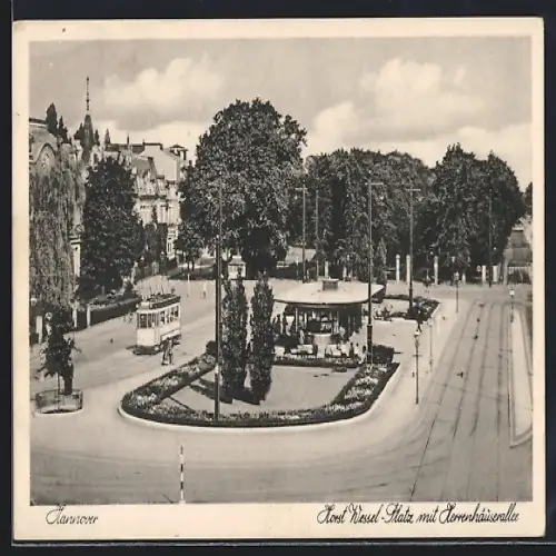 AK Hannover,  Platz mit Herrenhäuserallee und die Strassenbahn