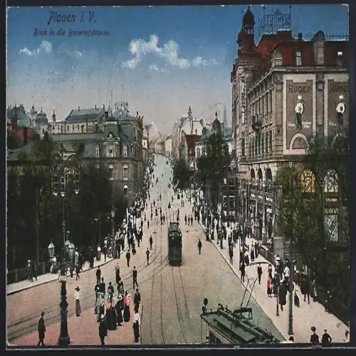 AK Plauen i. V., Blick in die Bahnhofstrasse mit Strassenbahn