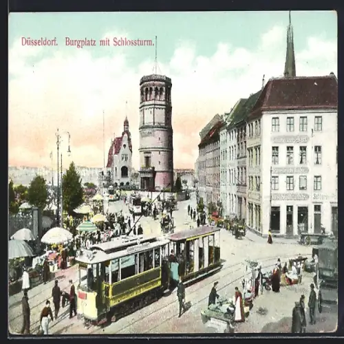 AK Düsseldorf, Burgplatz mit Schlossturm und Strassenbahnen