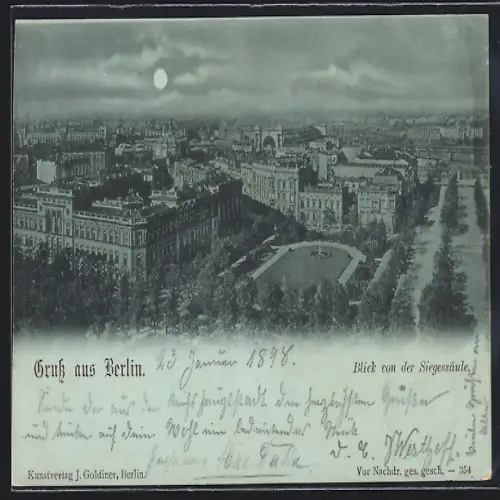 Mondschein-AK Berlin-Tiergarten, Blick von der Siegessäule auf die Innenstadt