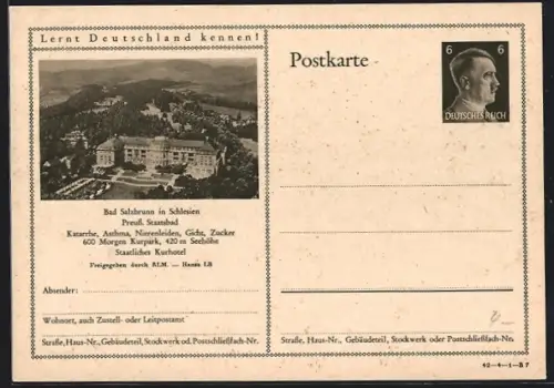 AK Bad Salzbrunn in Schlesien, Staatliches Kurhotel, Ganzsache Lernt Deutschland kennen