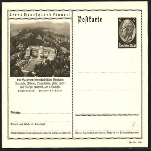 AK Bad Salzbrunn /Mittelschlesisches Bergland, Ortsansicht vom Flugzeug aus, Ganzsache Lernt Deutschland kennen