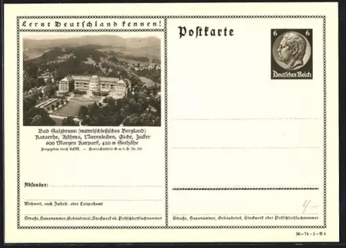 AK Bad Salzbrunn /Mittelschlesisches Bergland, Ortsansicht vom Flugzeug aus, Ganzsache Lernt Deutschland kennen
