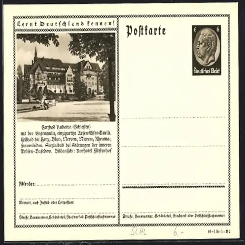 AK Rudowa /Schlesien, Kurhotel Fürstenhof, Ganzsache Lernt Deutschland kennen
