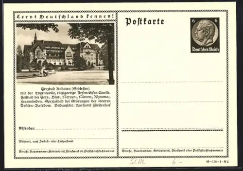 AK Rudowa /Schlesien, Kurhotel Fürstenhof, Ganzsache Lernt Deutschland kennen