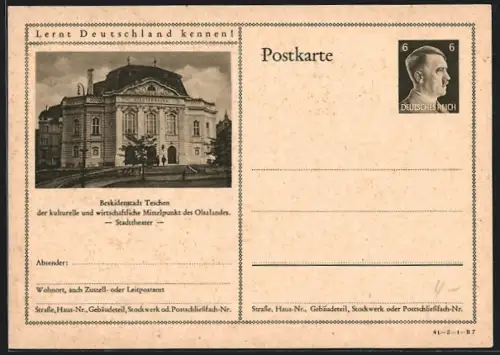 AK Teschen, Blick auf das Stadttheater, Ganzsache Lernt Deutschland kennen